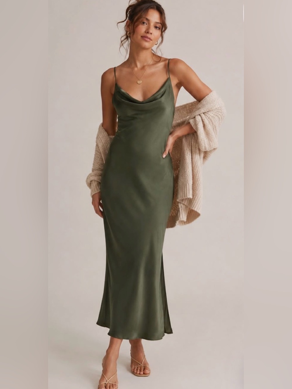 OAK + FORT Olive Satin Cowl Maxi Dress